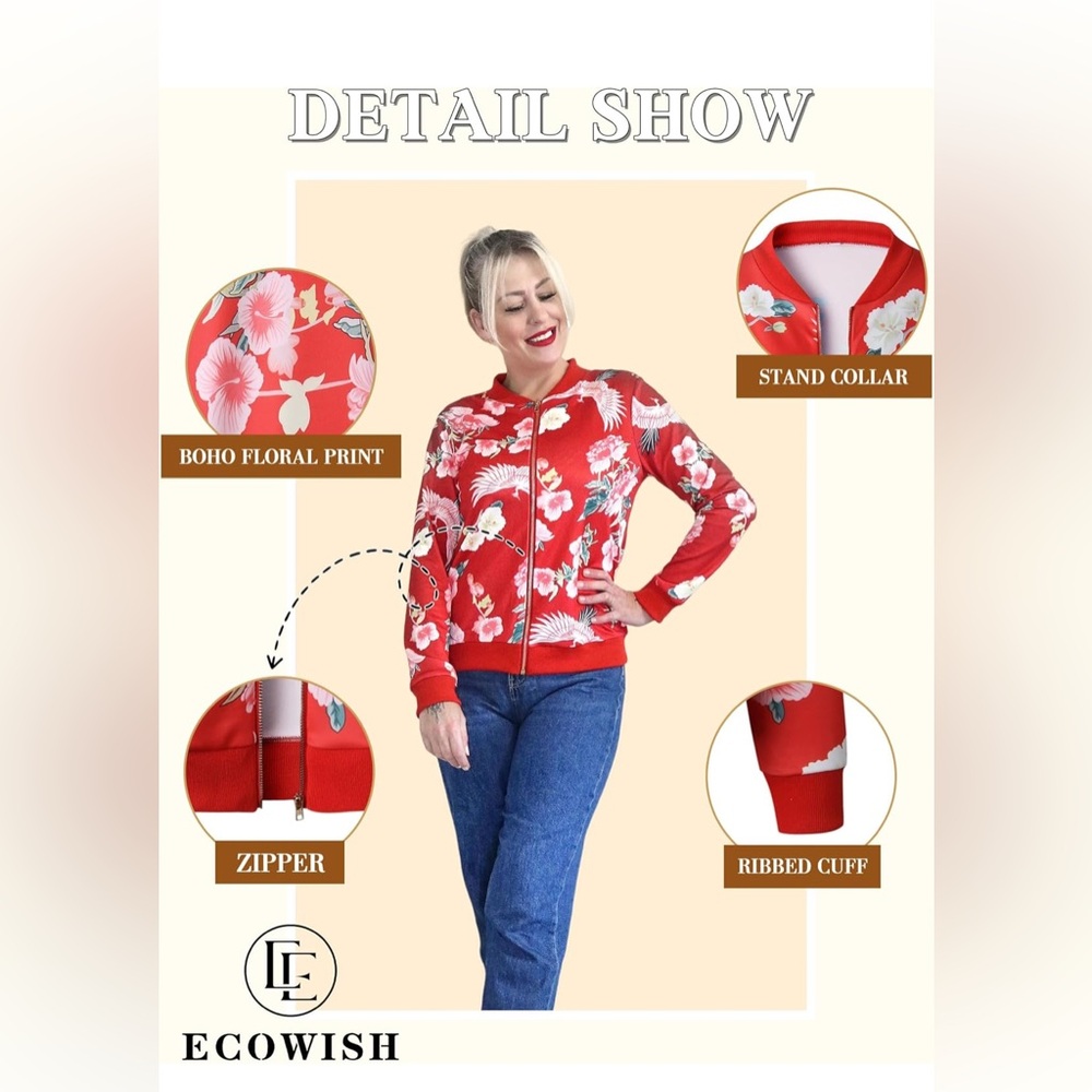 ECOWISH Women's Casual Floral Zip Up Bomber Jacket - Picture 9 of 9